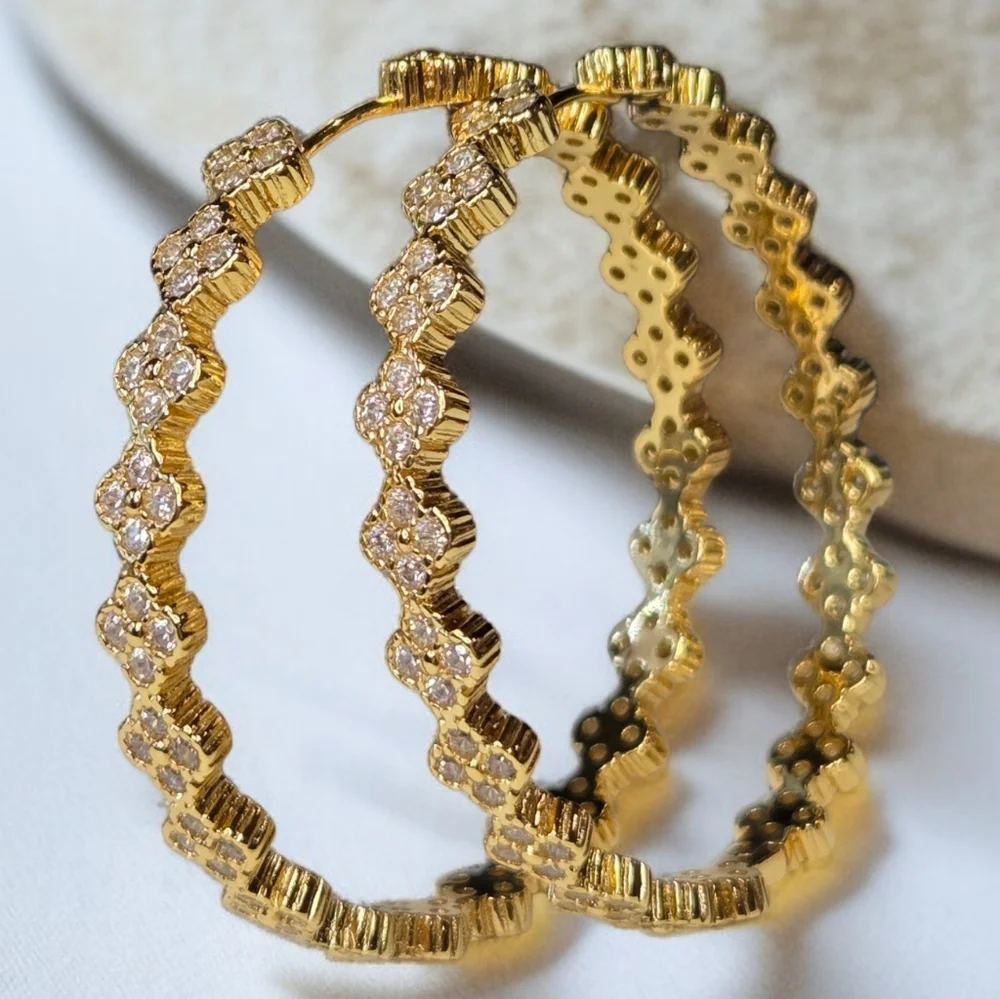 18k Gold Plated Clover Zircon Crystal Hoop Earrings